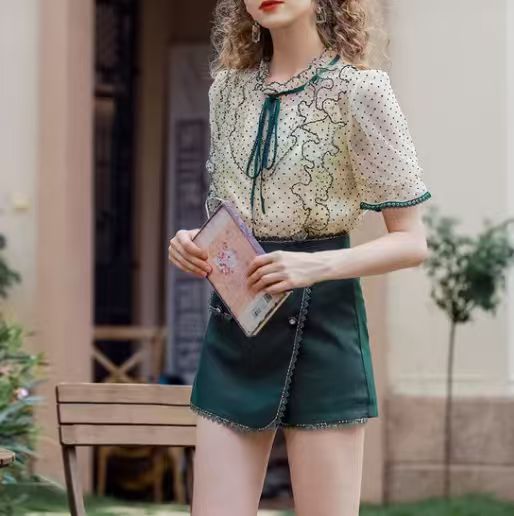 Women Polka DOT Sheer Mesh Blouse & Green Lace Trim Mini Skirt Two Piece Outfit Ruffle Neck Tie Puff Short Sleeve Vintage Elegant Ladies Casual Party Clothing S